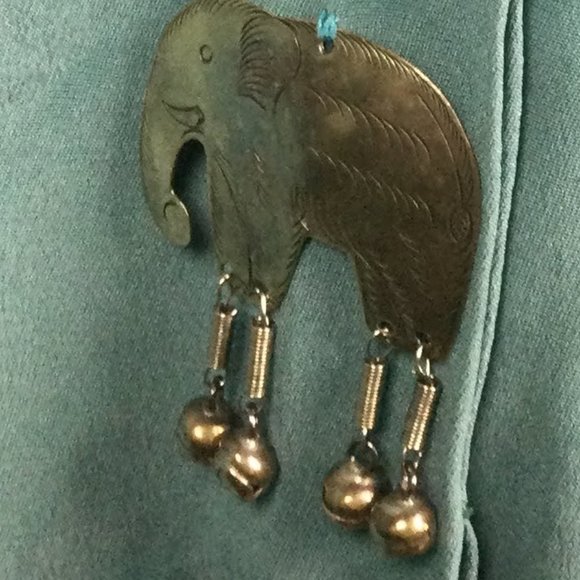 Teal Silk Button Top w/ Silver Elephant Bell Decor Front - Picture 4 of 9